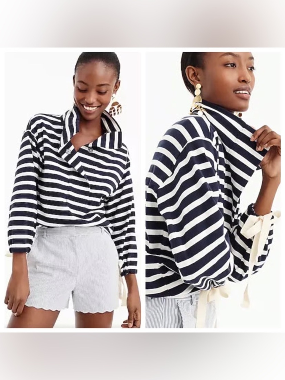 J. Crew Navy & White Striped Funnel Collar Sweatshirt with Sleeve Bows - Picture 2 of 9